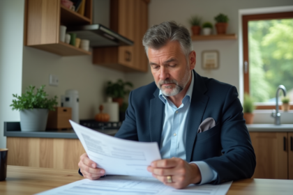 Homme d'âge moyen lisant des documents immobiliers dans la cuisine