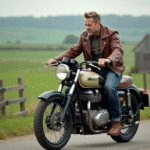 Homme en cuir vintage sur moto dans la campagne