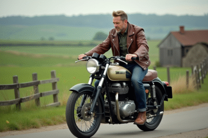 Homme en cuir vintage sur moto dans la campagne