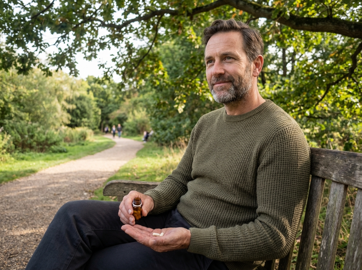 Homme dans un parc tenant capsule et huile végétale