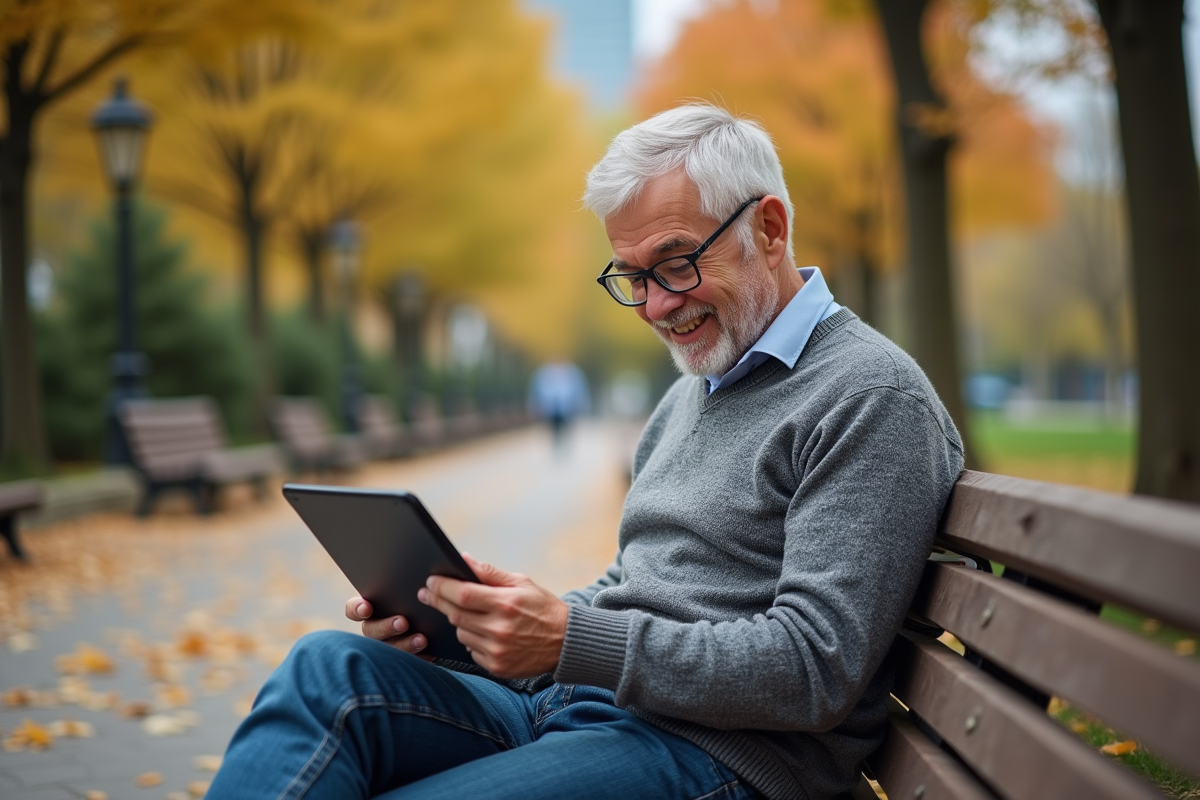 Homme âgé lisant des graphiques sur une tablette dans un parc