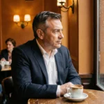 Homme d'âge mûr assis seul dans un café parisien, regard pensif tourné vers la fenêtre, évoquant la solitude après un scandale public