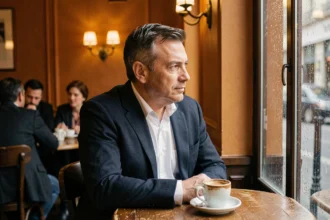 Homme d'âge mûr assis seul dans un café parisien, regard pensif tourné vers la fenêtre, évoquant la solitude après un scandale public