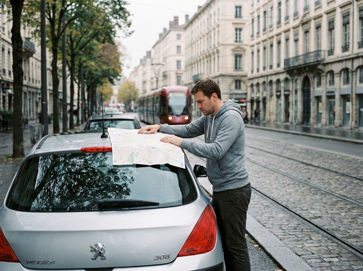 Homme étudiant un plan de Lyon appuyé sur sa voiture lors d'un apprentissage de la conduite