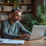 Homme d'âge moyen utilisant un ordinateur portable pour naviguer sur le portail Orange