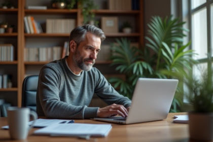 Homme d'âge moyen utilisant un ordinateur portable pour naviguer sur le portail Orange