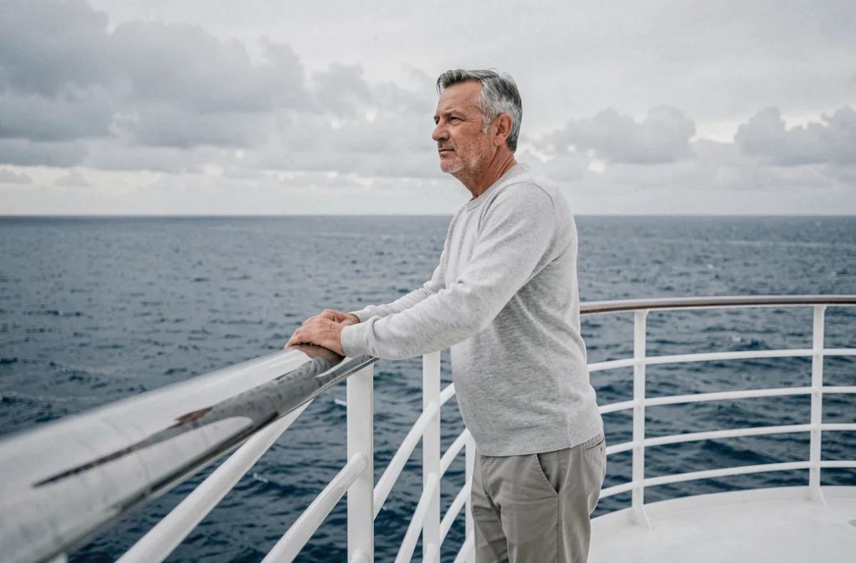 Homme contemplatif à la proue d'un paquebot de croisière regardant l'horizon