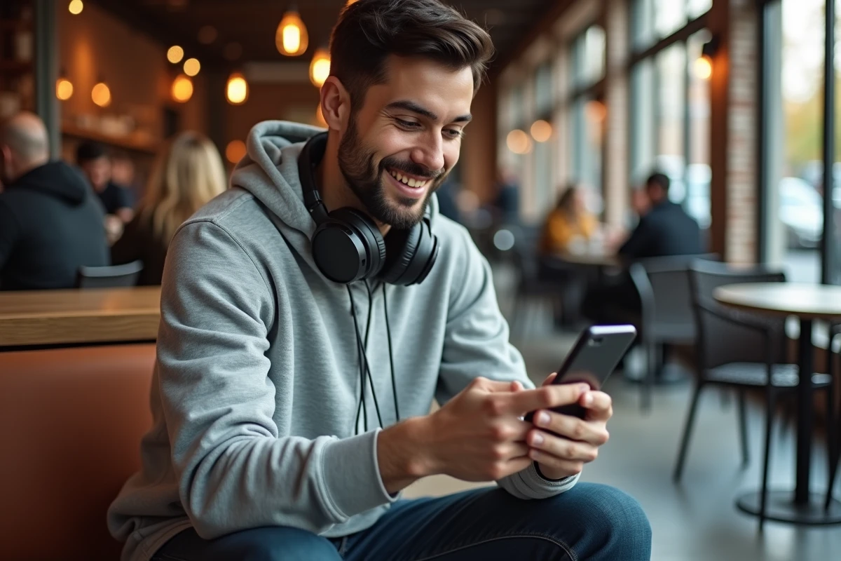Homme utilisant une application musicale sur smartphone pour retrouver un chanteur par son initiale dans un café