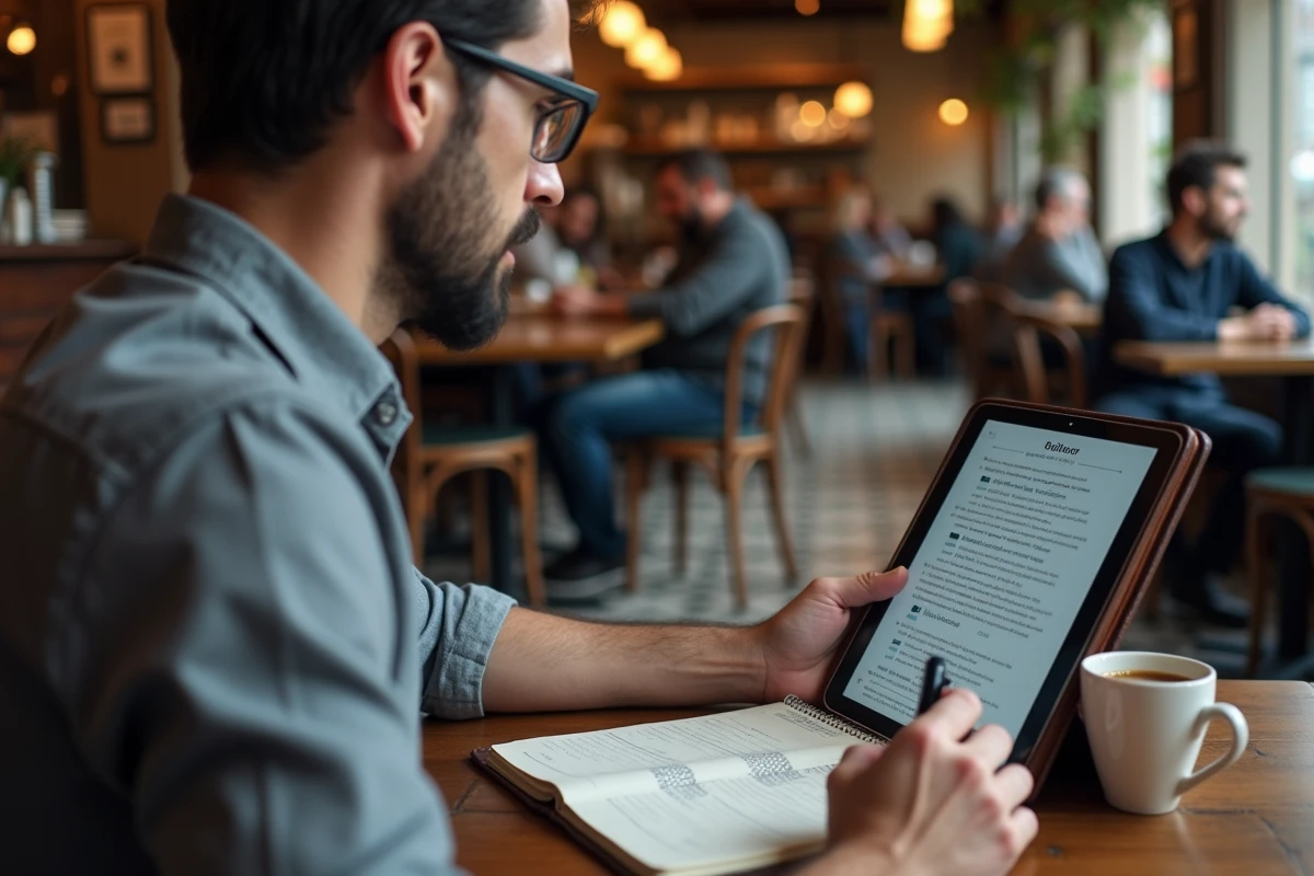 Homme réfléchissant au choix d'un nom pour une encyclopédie collaborative en ligne dans un café, écrivant des options dans un carnet
