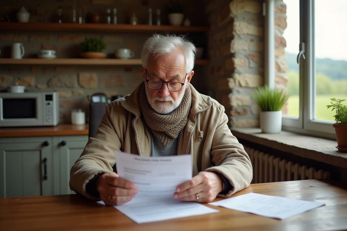 Retraite lisant avis fiscal dans cuisine rustique