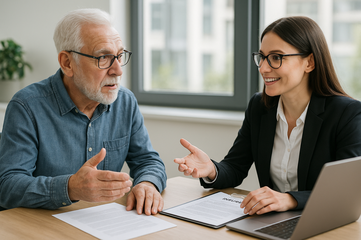Homme senior discutant avec une conseillère en assurance dans un bureau lumineux