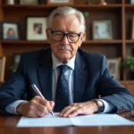 Homme senior en costume signant un document de prêt immobilier