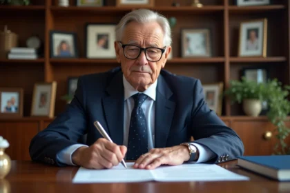 Homme senior en costume signant un document de prêt immobilier