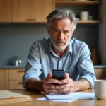 Homme d'âge moyen regardant son smartphone dans une cuisine moderne