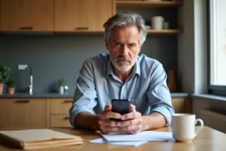 Homme d'âge moyen regardant son smartphone dans une cuisine moderne