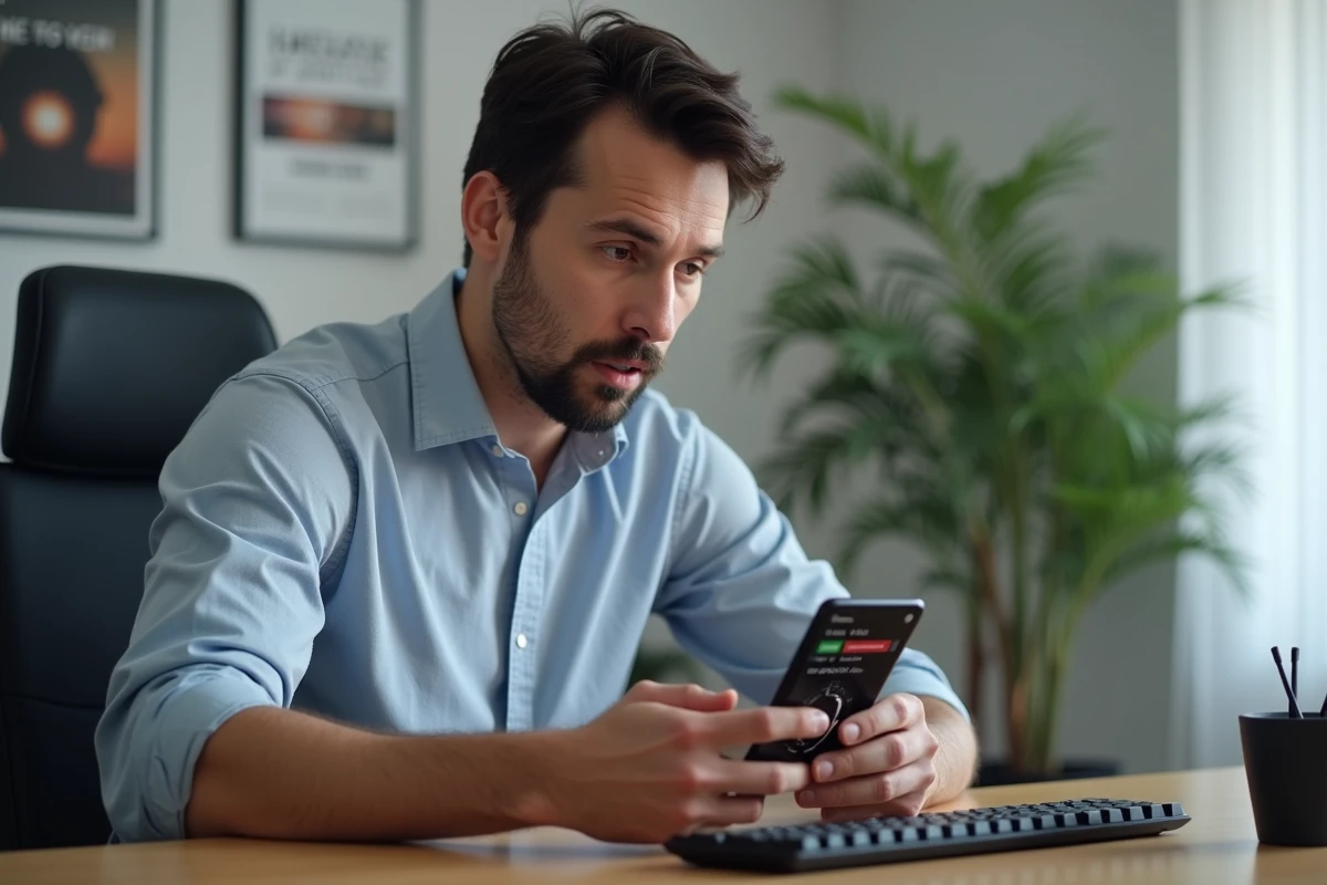 Homme adulte consultant son temps total passé sur League of Legends sur application mobile dans un bureau moderne