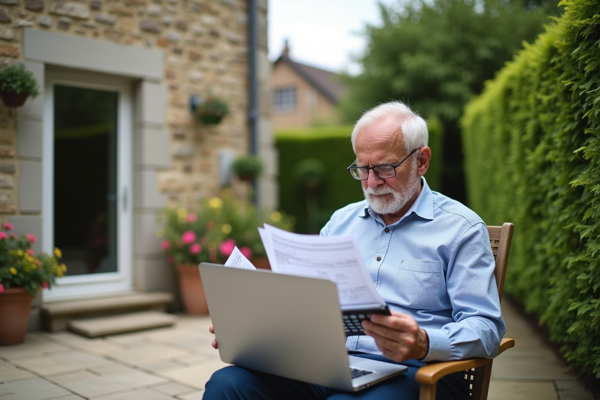 Homme âgé travaillant sur ses impôts en extérieur
