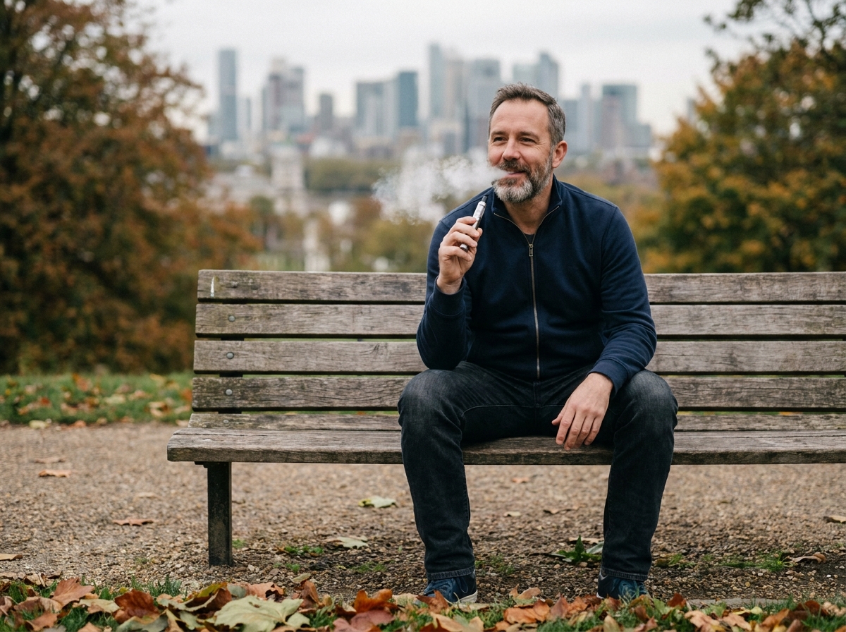 Homme vapotant sur un banc de parc en automne, illustrant l'utilisation de la cigarette électronique comme aide au sevrage tabagique