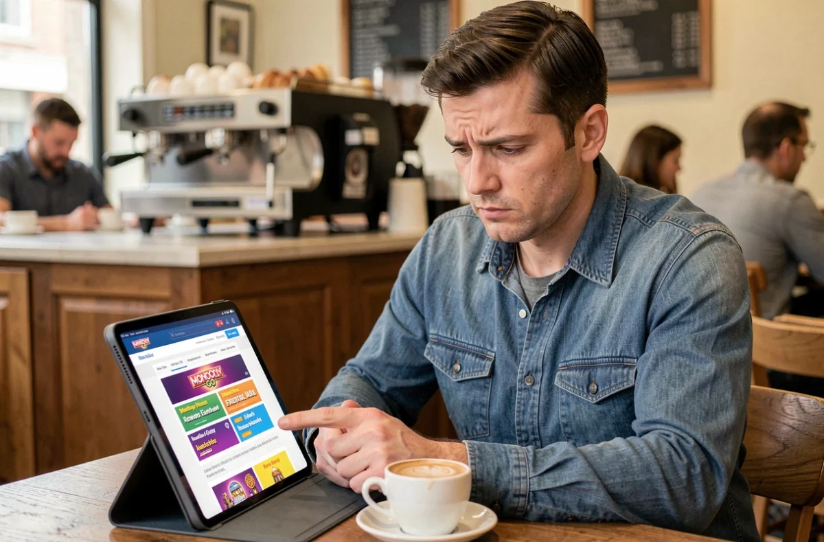 Homme scrutant des liens Monopoly GO gratuits sur une tablette dans un café