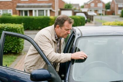 Homme examinant une fissure sur le pare-brise de sa voiture