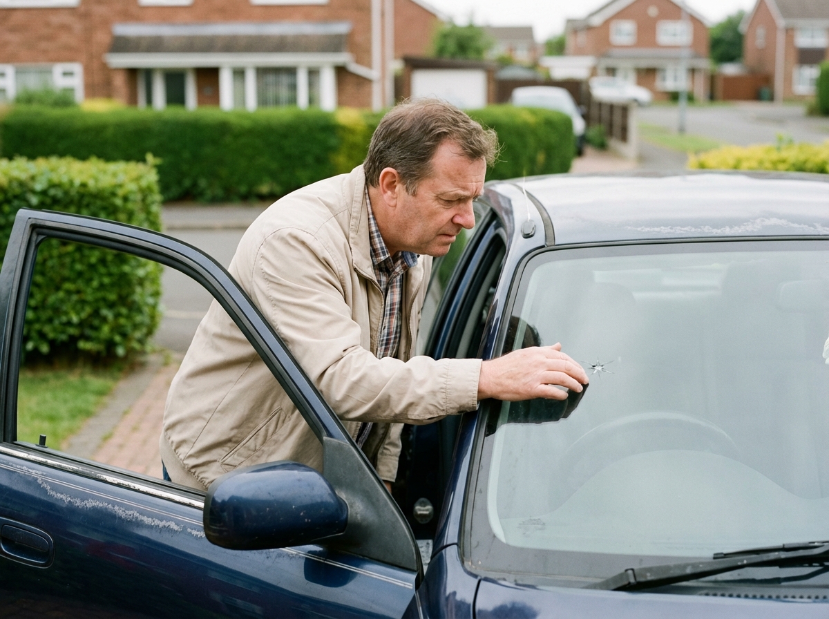 Homme examinant une fissure sur le pare-brise de sa voiture