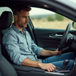 Homme dans sa voiture regardant le levier de vitesse
