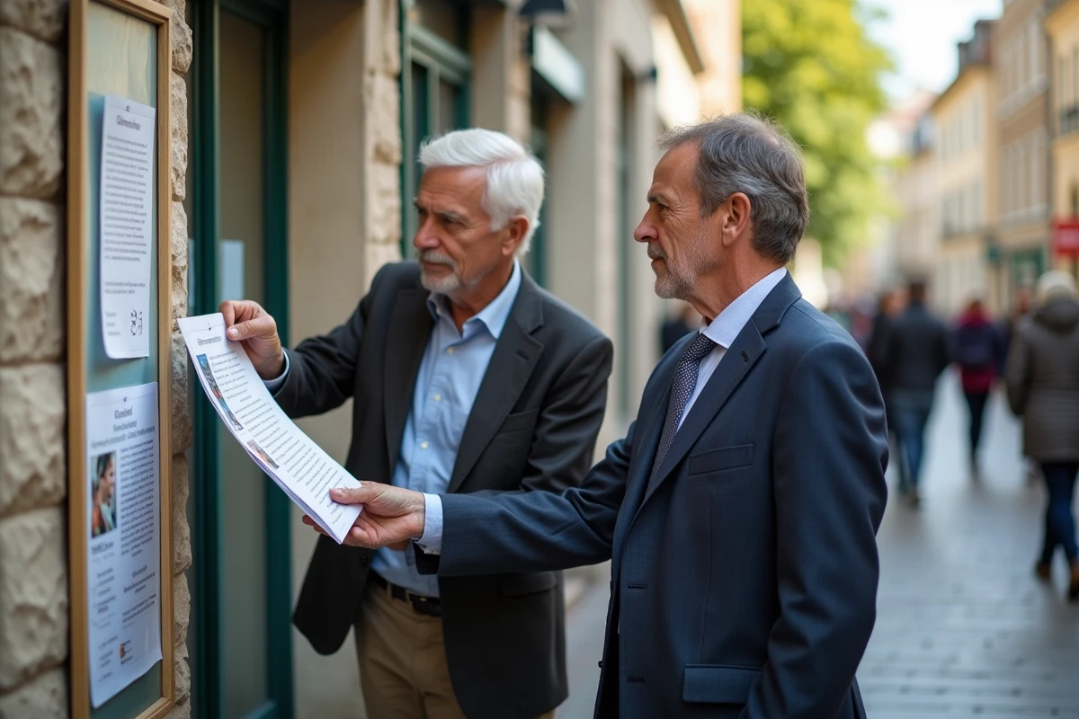 Deux hommes affichant une annonce sur un panneau communautaire urbain