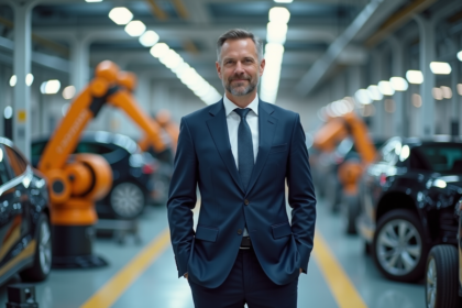 Ingénieur automobile en costume dans une usine high-tech