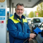 Ingénieur en station hydrogene avec voiture moderne