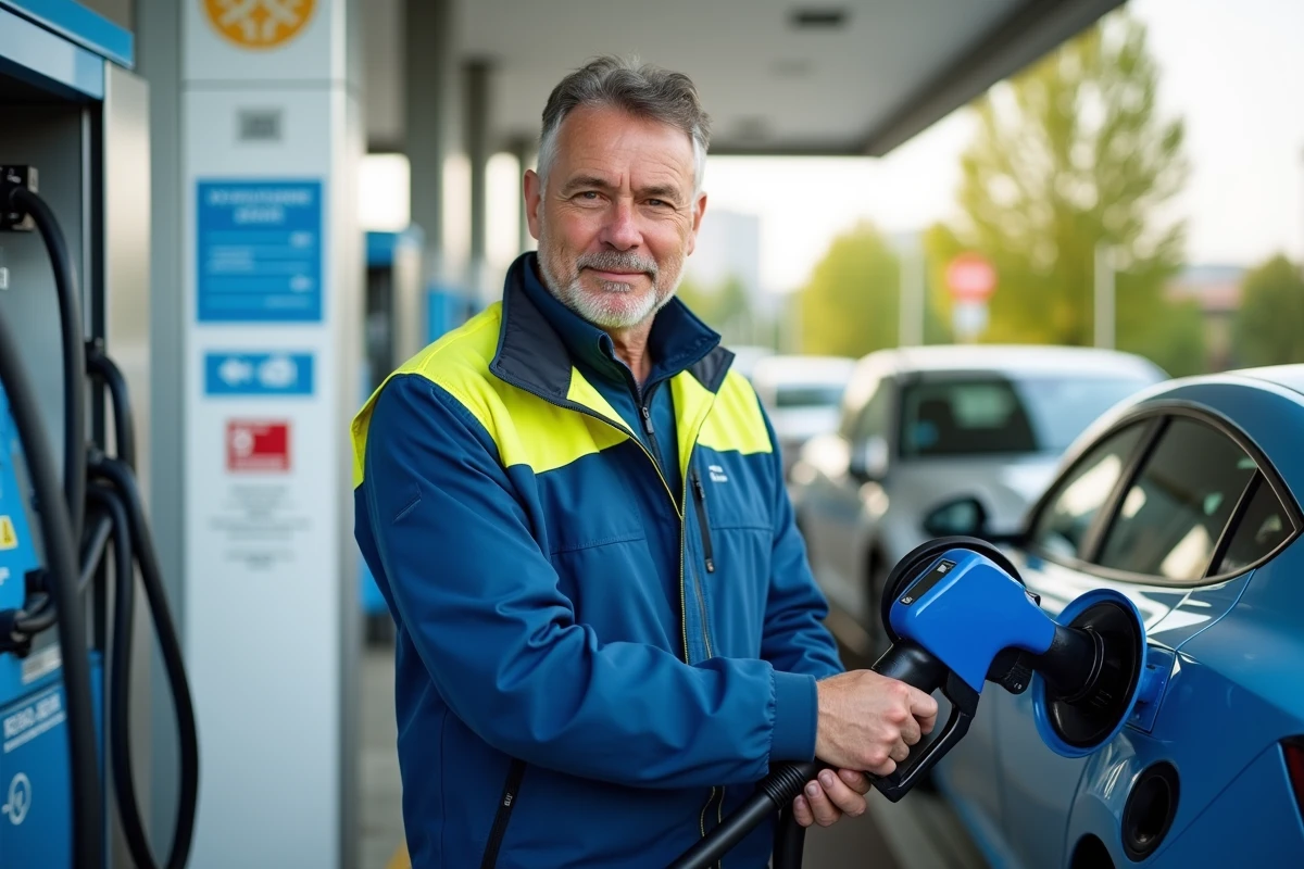 Ingénieur en station hydrogene avec voiture moderne