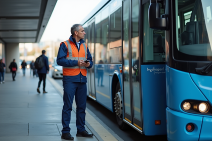 Ingénieur inspectant un bus à hydrogene en ville