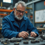 Ingénieur homme en atelier industriel avec composants mécaniques