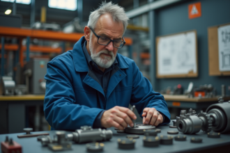 Ingénieur homme en atelier industriel avec composants mécaniques