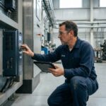 Ingénieur industriel inspectant un variateur de vitesse monté sur un tableau de commande en usine