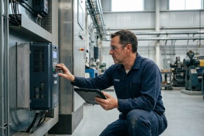 Ingénieur industriel inspectant un variateur de vitesse monté sur un tableau de commande en usine