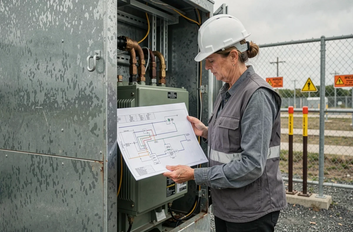 Ingénieure en sécurité consultant un schéma électrique devant un transformateur industriel 380V 220V en poste extérieur