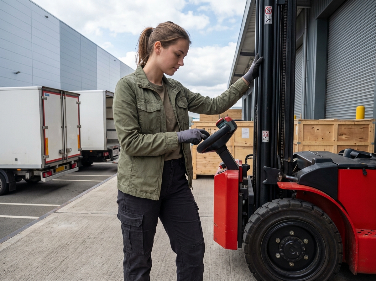 Spécialiste logistique inspectant un reach truck à l