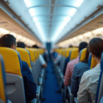 Intérieur lumineux d'un avion avec passagers et sièges colorés