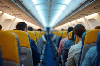 Intérieur lumineux d'un avion avec passagers et sièges colorés