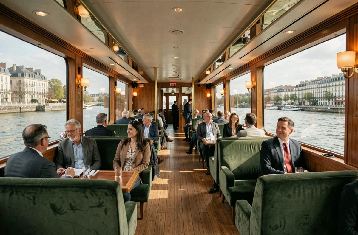 Intérieur d'un bateau de croisière fluviale sur la Garonne avec vue panoramique sur Bordeaux