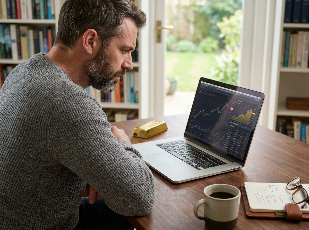 Investisseur particulier analysant le cours de l'or sur un écran d'ordinateur avec un lingot d'or posé sur son bureau en bois dans un bureau à domicile