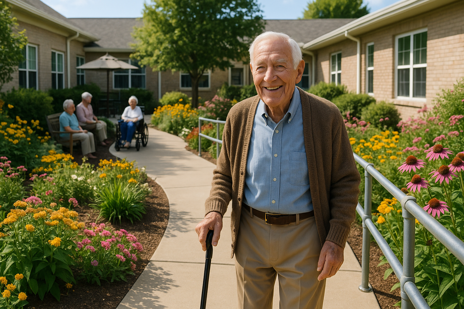 Senior marchant dans un jardin sécurisé ensoleillé