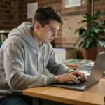 Jeune adulte masculin concentré devant son ordinateur portable dans une chambre universitaire, illustrant la navigation sur des forums en ligne et les enjeux de confidentialité numérique