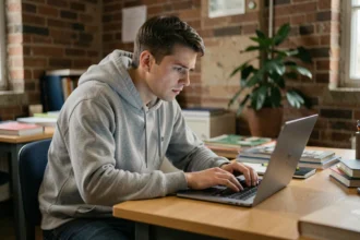 Jeune adulte masculin concentré devant son ordinateur portable dans une chambre universitaire, illustrant la navigation sur des forums en ligne et les enjeux de confidentialité numérique