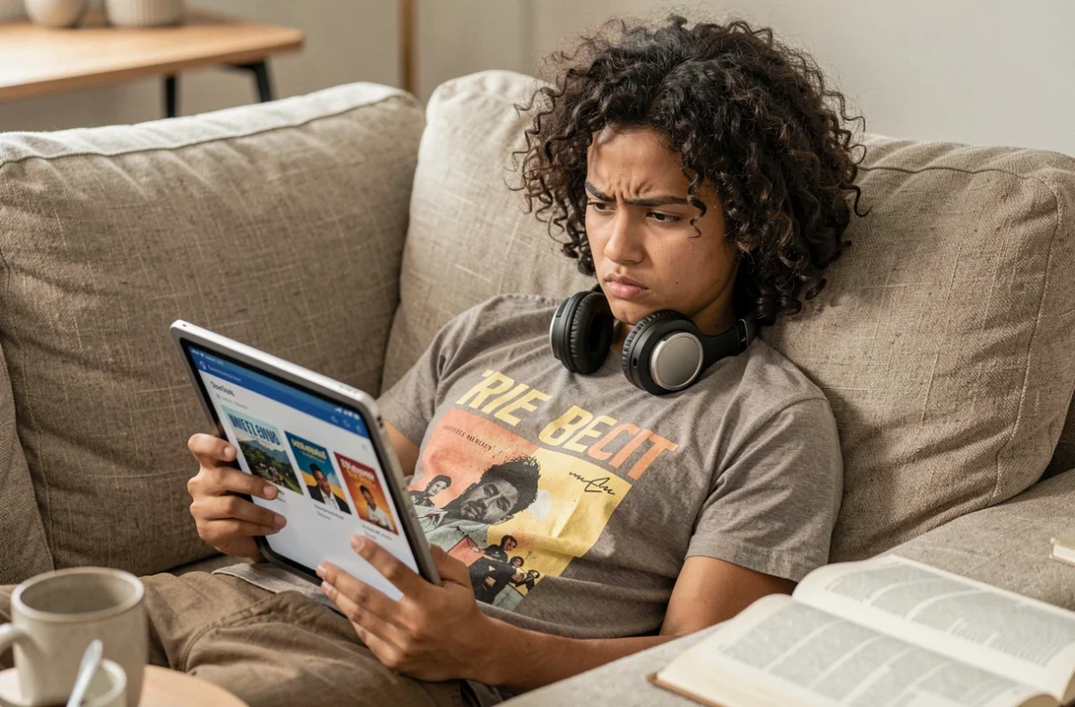 Jeune adulte analysant un site de téléchargement d'ebooks sur tablette numérique avec un regard critique et attentif