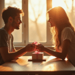 Jeune couple échangeant des cadeaux en coton à la table