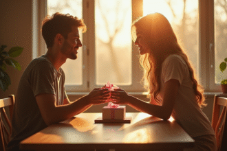 Jeune couple échangeant des cadeaux en coton à la table