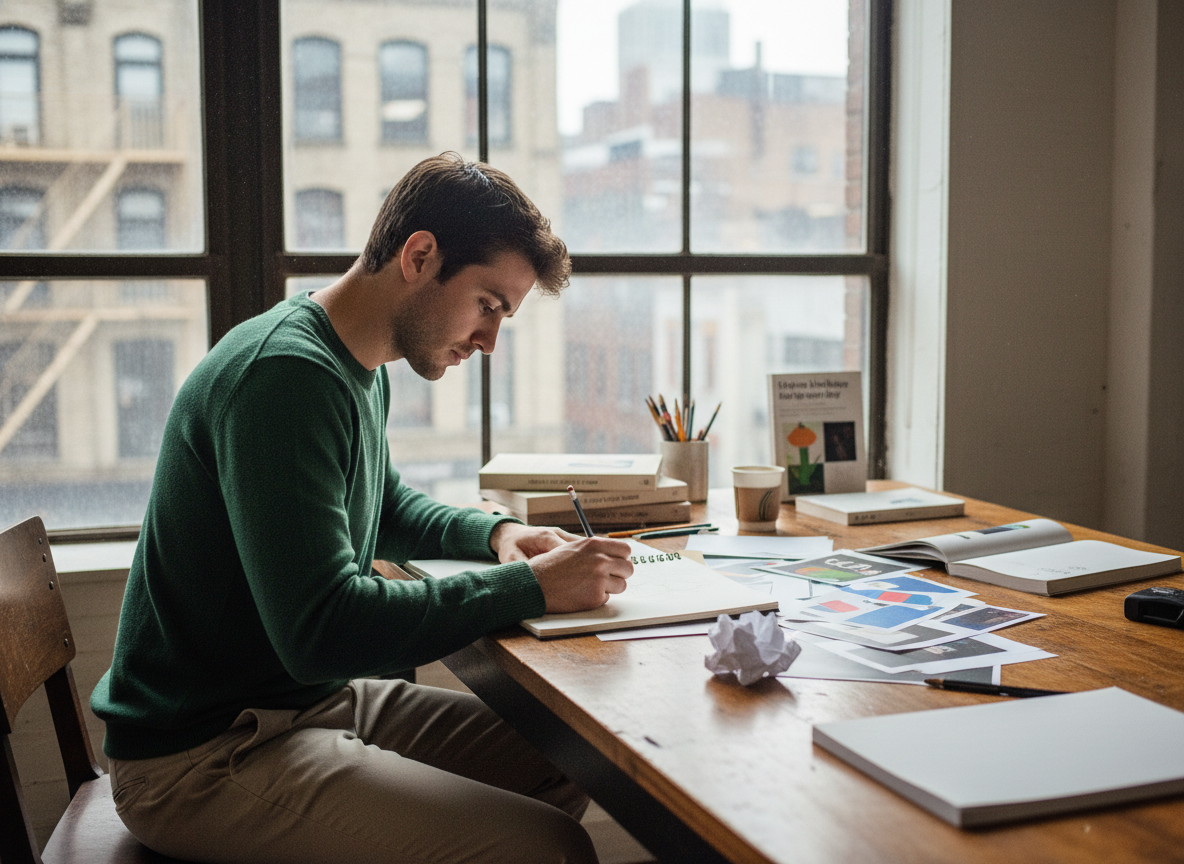Jeune homme esquissant dans un studio créatif