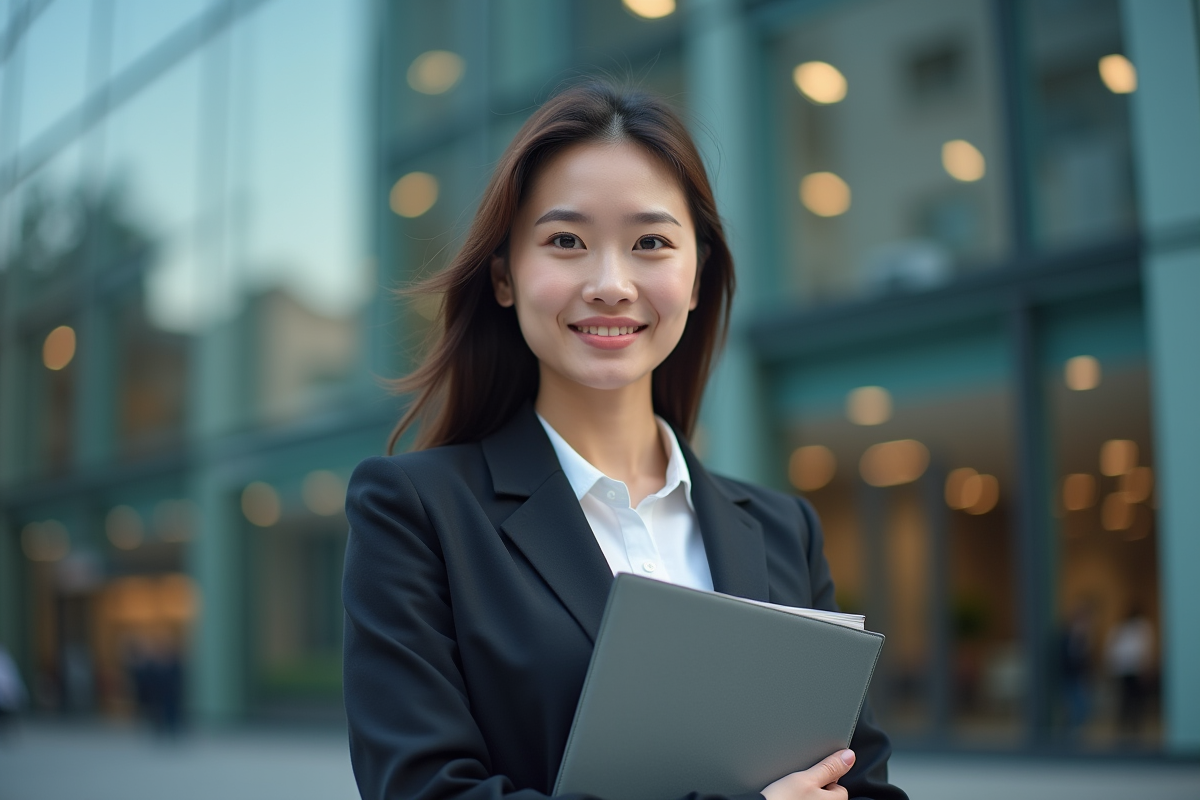 Jeune femme d affaires devant un immeuble de bureaux