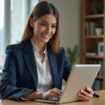 Jeune femme professionnelle utilisant une tablette dans un bureau moderne